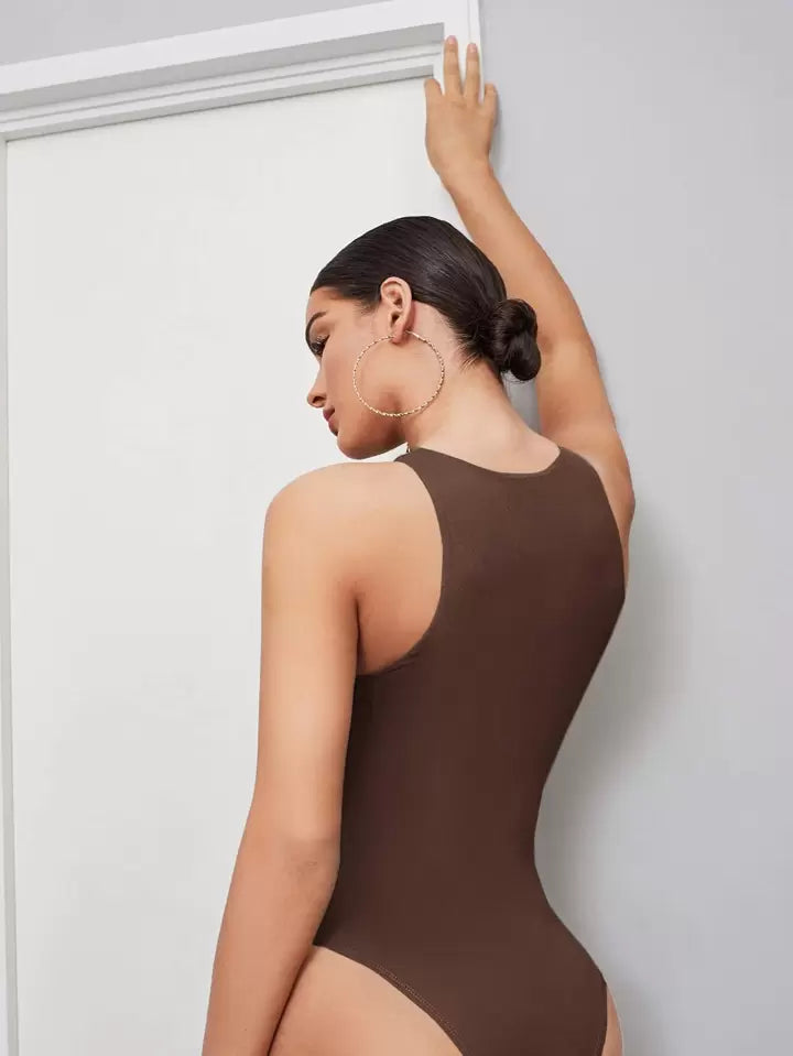 Solid sleeveless tank bodysuit in brown