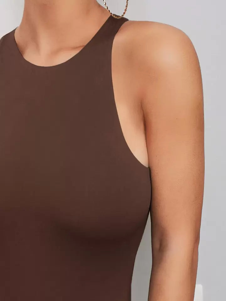 Solid sleeveless tank bodysuit in brown