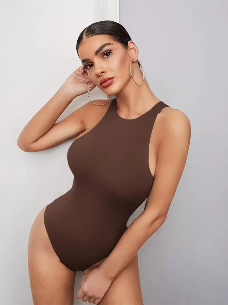 Solid sleeveless tank bodysuit in brown
