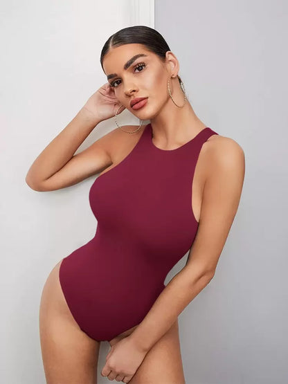 Solid sleeveless tank bodysuit in burgundy