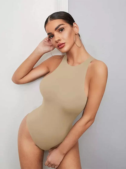 Solid sleeveless tank bodysuit in khaki
