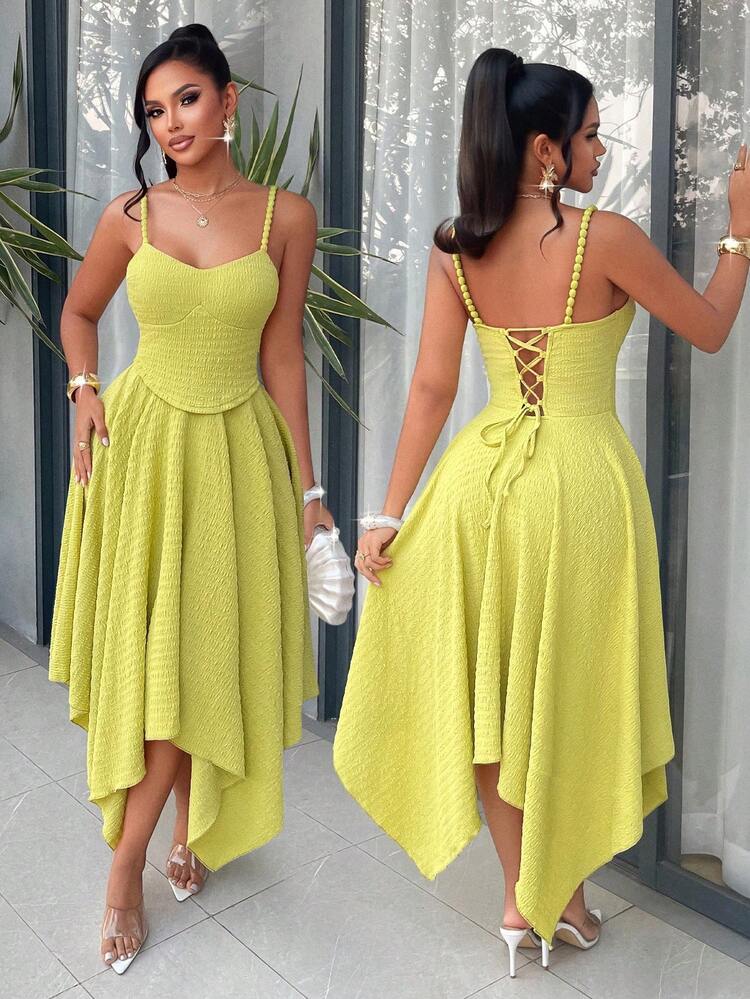 Spaghetti strap asymmetric hem tie back dress in green