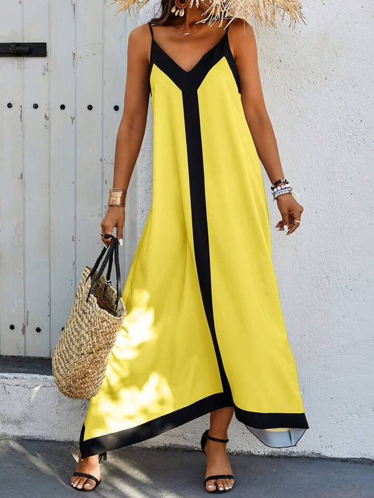 Spaghetti strap color block dress in yellow