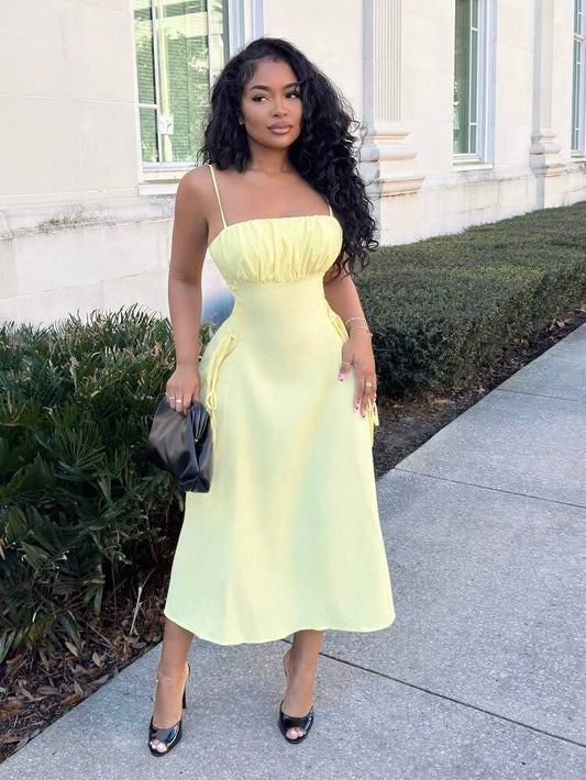 Spaghetti strap ruched waist dress in yellow