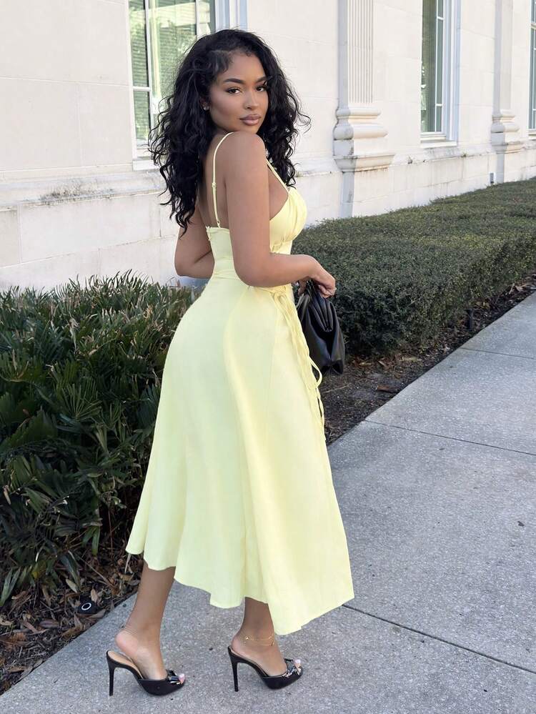 Spaghetti strap ruched waist dress in yellow