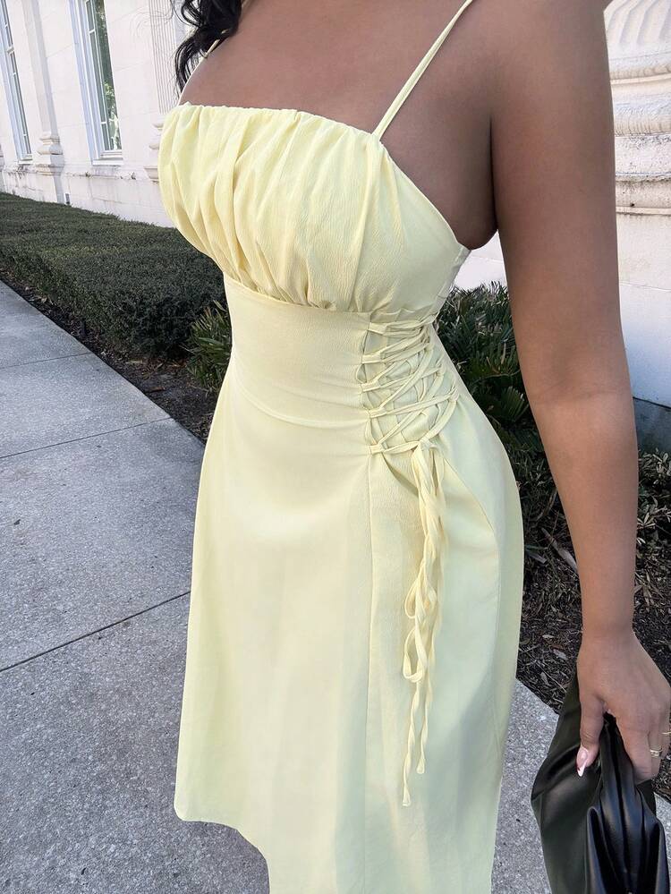 Spaghetti strap ruched waist dress in yellow