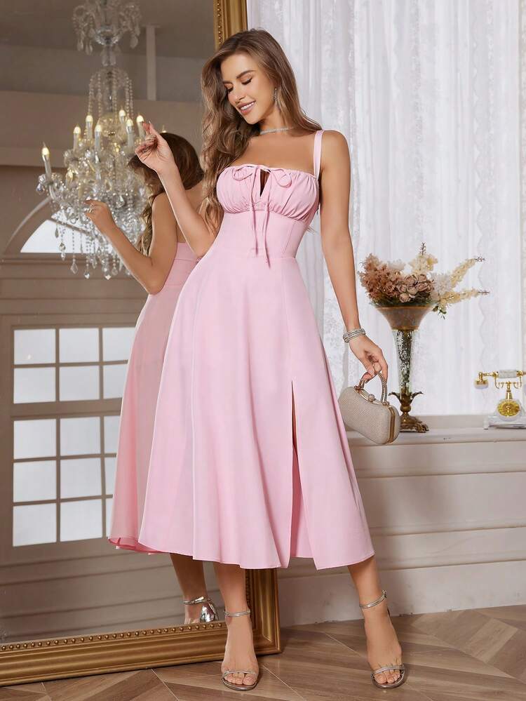 Spaghetti strap tie front maxi dress in pink