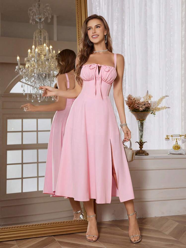 Spaghetti strap tie front maxi dress in pink