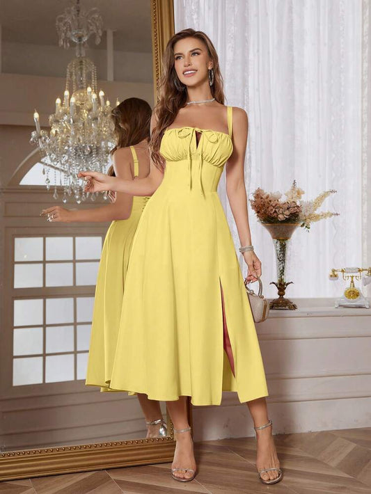 Spaghetti strap tie front maxi dress in yellow