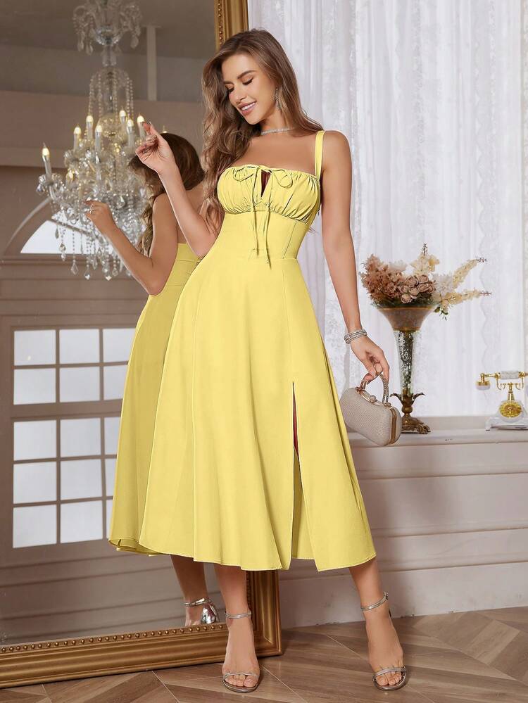 Spaghetti strap tie front maxi dress in yellow