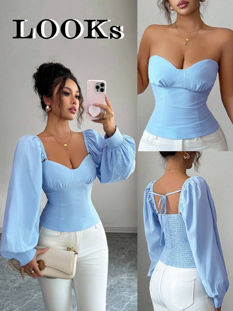 Square neck ruched puff sleeve detachable top in blue