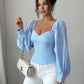 Square neck ruched puff sleeve detachable top in blue