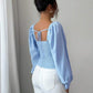 Square neck ruched puff sleeve detachable top in blue
