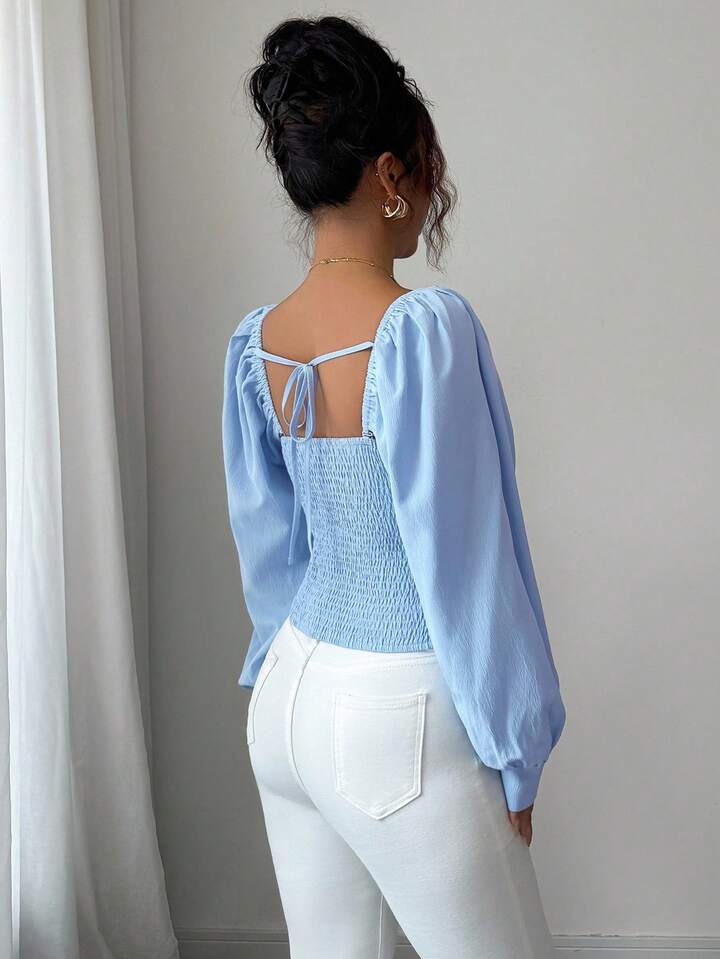 Square neck ruched puff sleeve detachable top in blue