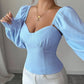 Square neck ruched puff sleeve detachable top in blue