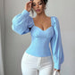 Square neck ruched puff sleeve detachable top in blue