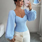 Square neck ruched puff sleeve detachable top in blue