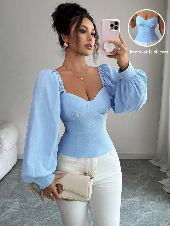 Square neck ruched puff sleeve detachable top in blue