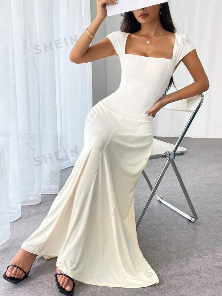 Square neck short sleeve solid color long dress in nude