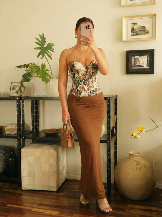 Strapless lace-up top & high slit thigh maxi skirt in brown