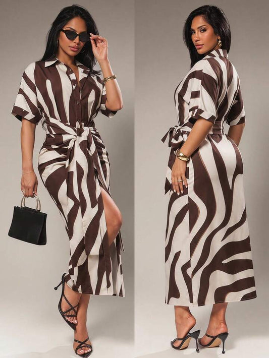 Striped belted maxi dress in multi