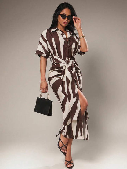 Striped belted maxi dress in multi