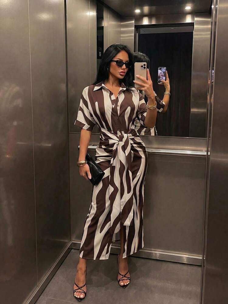 Striped belted maxi dress in multi