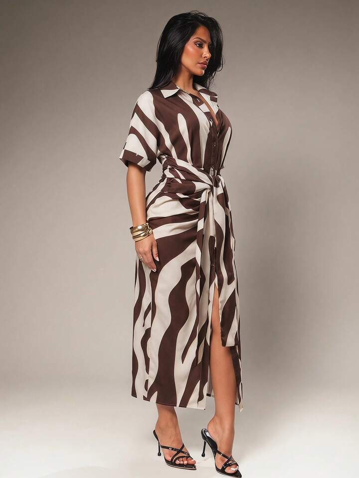 Striped belted maxi dress in multi