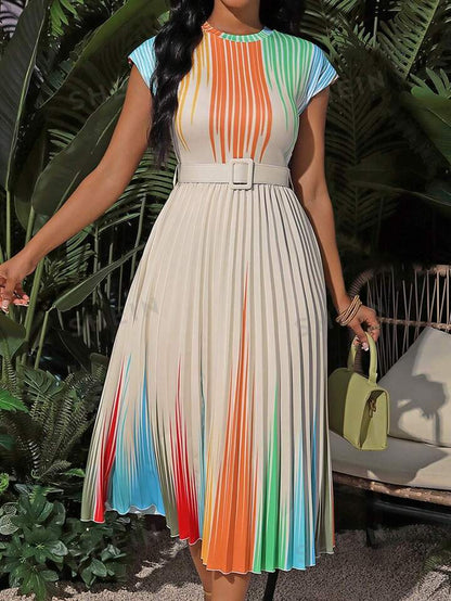 Striped color block pleated hem dress in multi