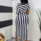 Striped off shoulder ruched dress in black