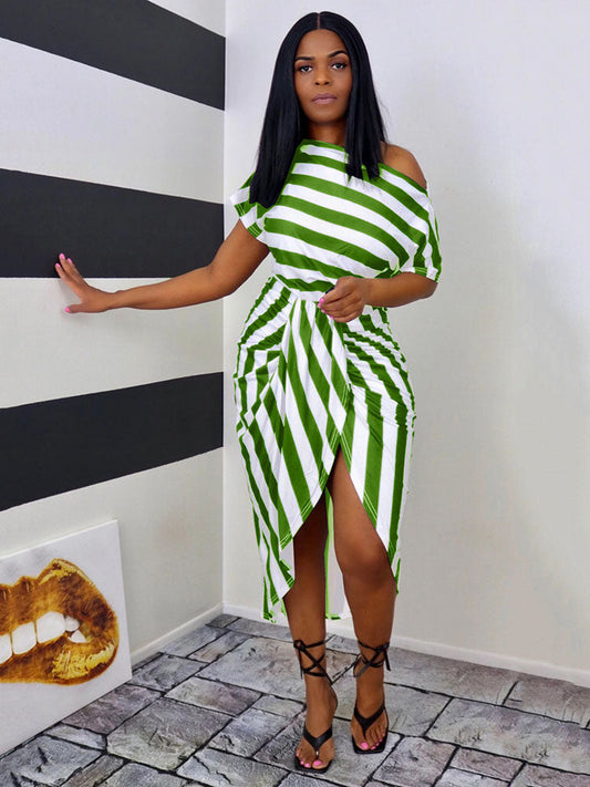 Striped off shoulder ruched dress in green