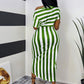 Striped off shoulder ruched dress in green