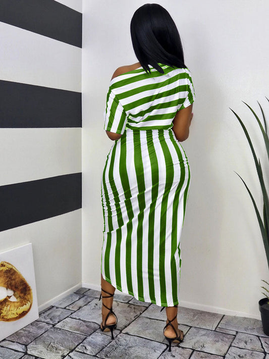 Striped off shoulder ruched dress in green