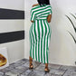 Striped off shoulder ruched dress in green