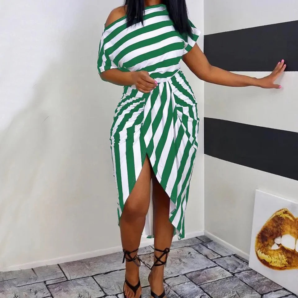 Striped off shoulder ruched dress in green