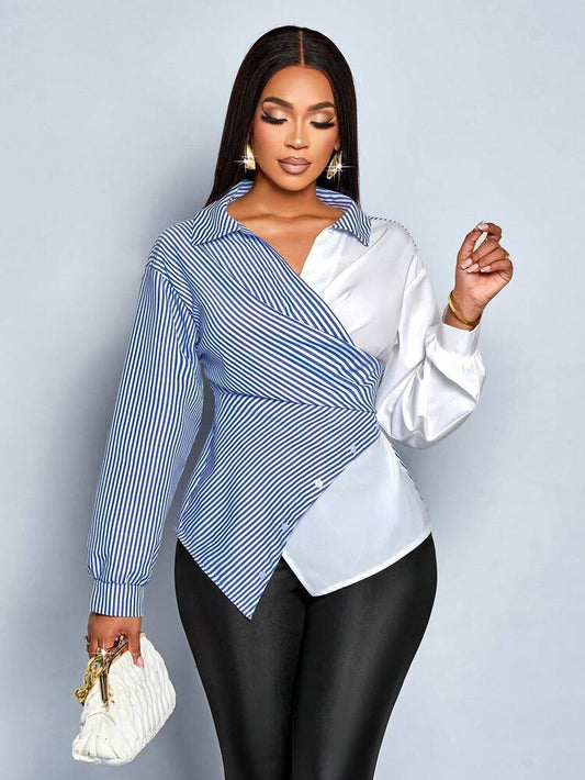 Striped print button front long sleeve shirt in blue