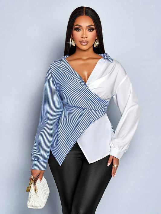 Striped print button front long sleeve shirt in blue