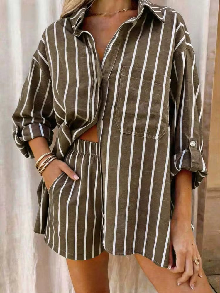 Striped shirt & short set in brown