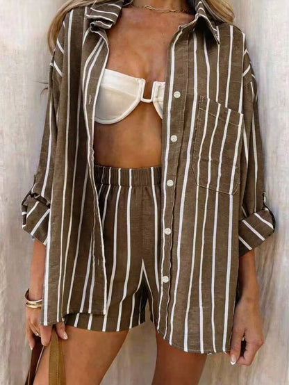 Striped shirt & short set in brown