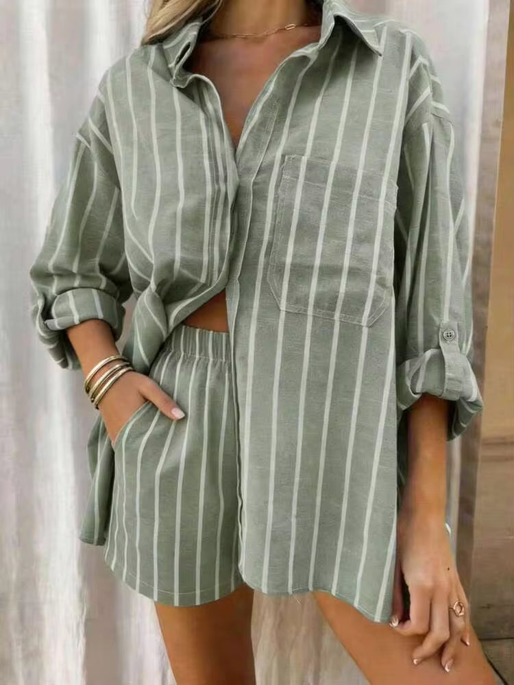 Striped shirt & short set in green