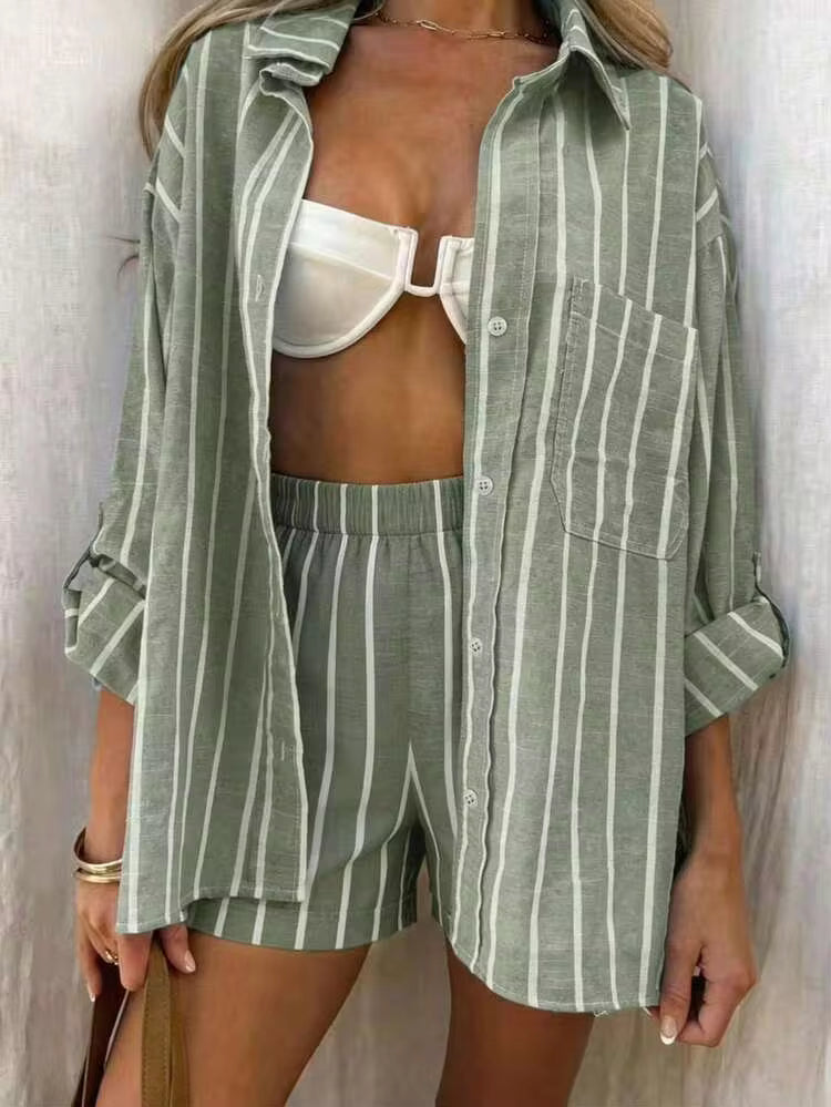 Striped shirt & short set in green