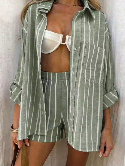 Striped shirt & short set in green