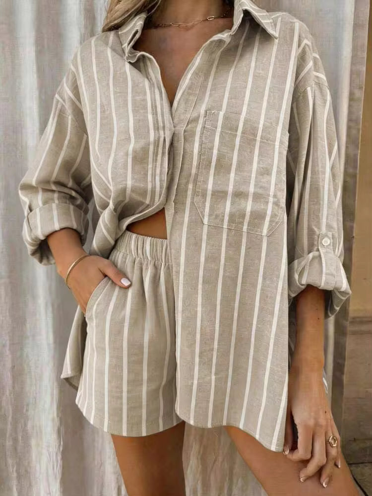 Striped shirt & short set in khaki
