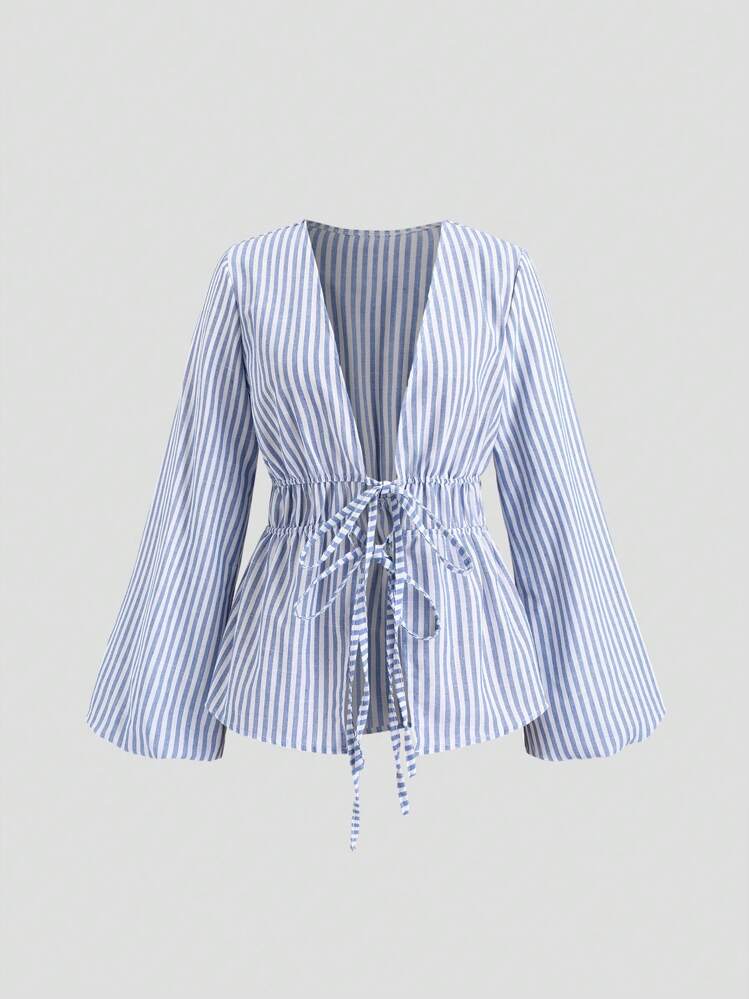 Striped tie waist belle sleeve top in blue