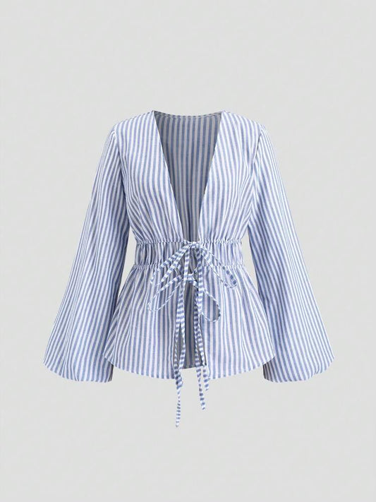 Striped tie waist belle sleeve top in blue