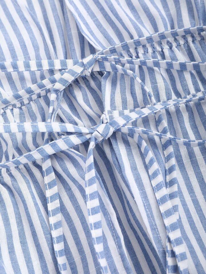 Striped tie waist belle sleeve top in blue