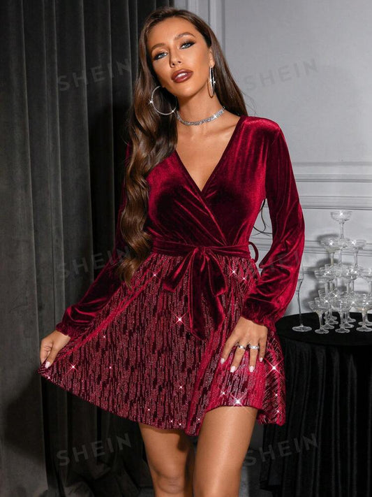 Surplice neck lantern sleeve velvet dress in burgundy without belt