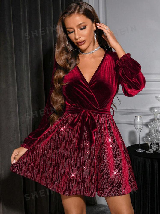 Surplice neck lantern sleeve velvet dress in burgundy without belt