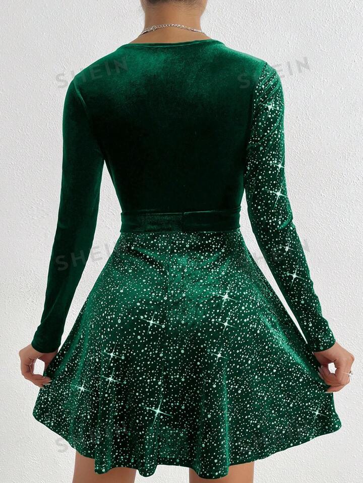 Surplice neck velvet dress in green without belt