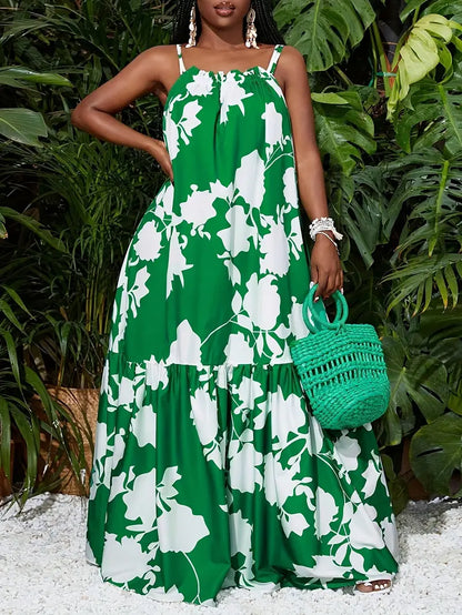 Suspender A-hem all over printed maxi dress in green